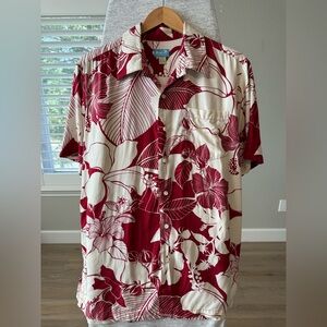 Kai Men's Hawaiian Floral 100% Rayon Button-Up Shirt M Red White Made in HI